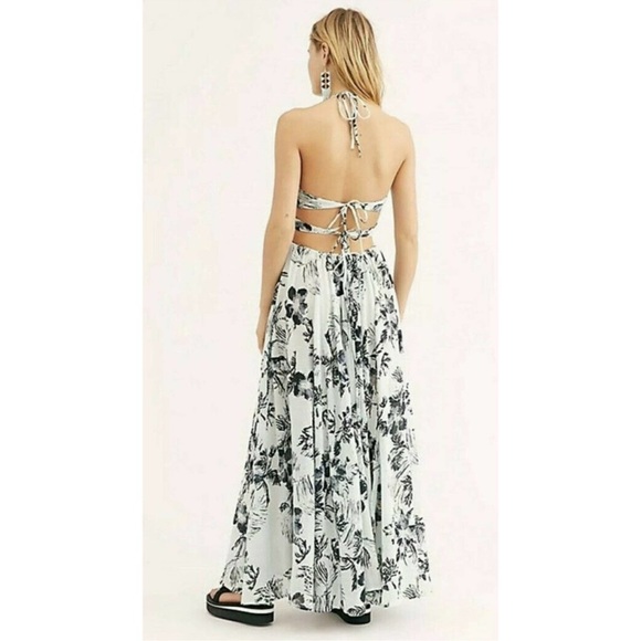 Free People Lille Printed Maxi Dress Floral Blue Celadon Halter Dress Sz small - Picture 3 of 11